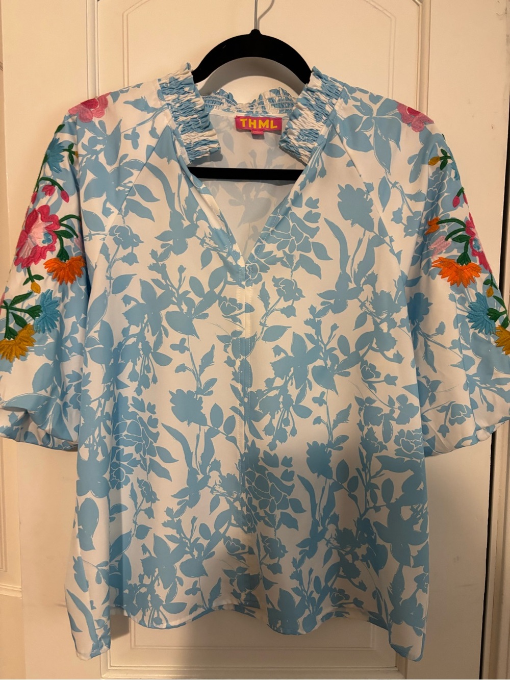 THML White & Light Blue Floral Embroidered Sleeve Top